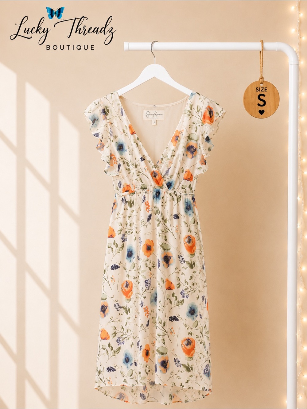 Jessica Simpson Maternity Ivory Floral Ruffle Midi Dress S